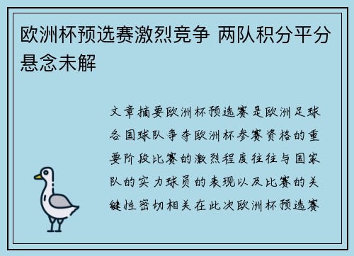 欧洲杯预选赛激烈竞争 两队积分平分悬念未解