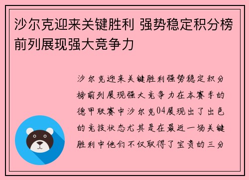 沙尔克迎来关键胜利 强势稳定积分榜前列展现强大竞争力