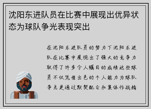 沈阳东进队员在比赛中展现出优异状态为球队争光表现突出