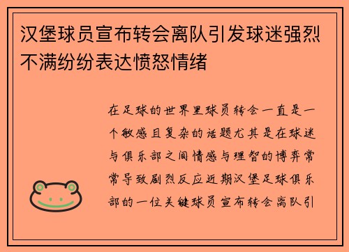 汉堡球员宣布转会离队引发球迷强烈不满纷纷表达愤怒情绪