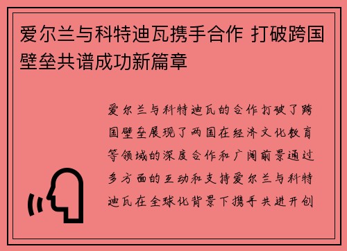 爱尔兰与科特迪瓦携手合作 打破跨国壁垒共谱成功新篇章