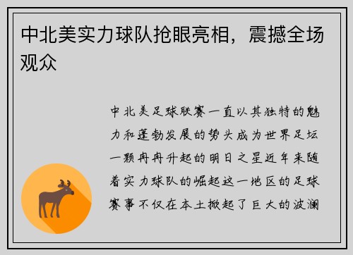 中北美实力球队抢眼亮相，震撼全场观众