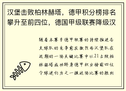 汉堡击败柏林赫塔，德甲积分榜排名攀升至前四位，德国甲级联赛降级汉堡