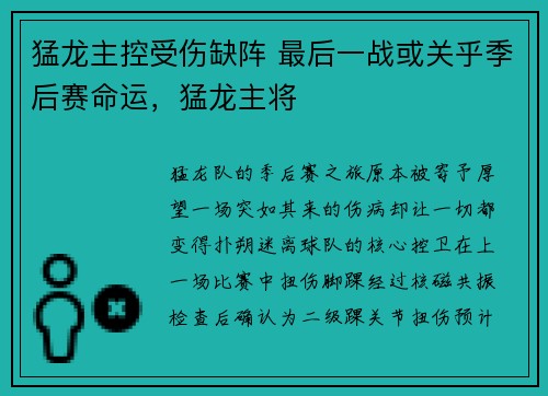 猛龙主控受伤缺阵 最后一战或关乎季后赛命运，猛龙主将