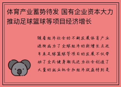 体育产业蓄势待发 国有企业资本大力推动足球篮球等项目经济增长